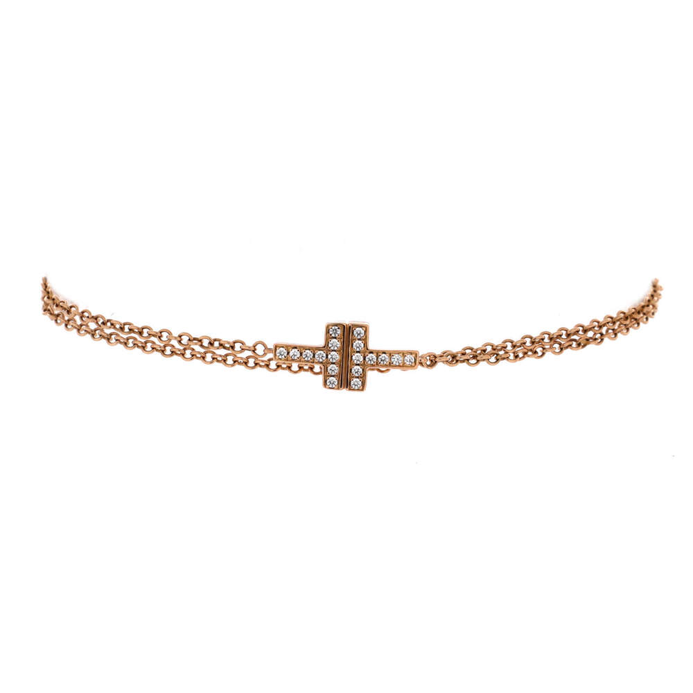 Tiffany & Co. Medium T Double Chain Bracelet 18K Rose Gold and Diamonds